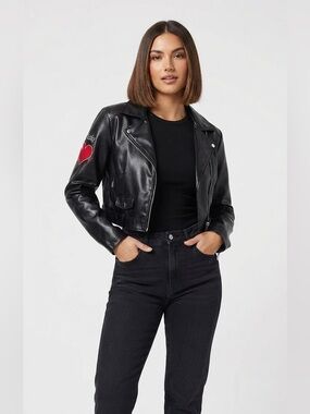 Chucky/Tiffany Faux Leather Biker Jacket with Heart/Dagger Patchwork Size Medium